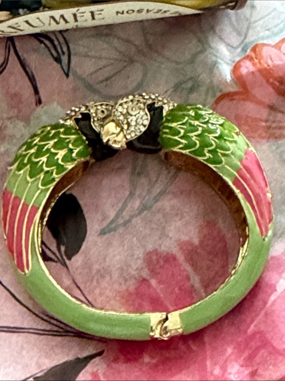 Parrot clamper bracelet green enamel black and pink with crystal gorgeous - Picture 11 of 17